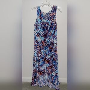 Sabrina Blue and Orange Tropical Leaf Print Maxi Dress